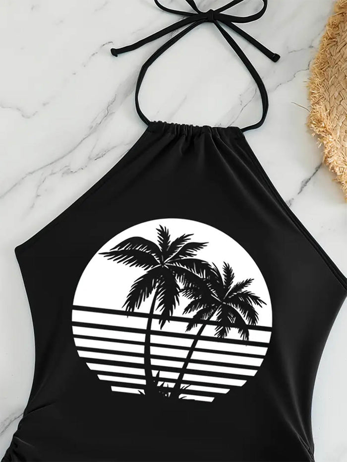 Coconut Tree Halter Tie Neck Backless Stretchy Swimsuit | ZAKAPOP