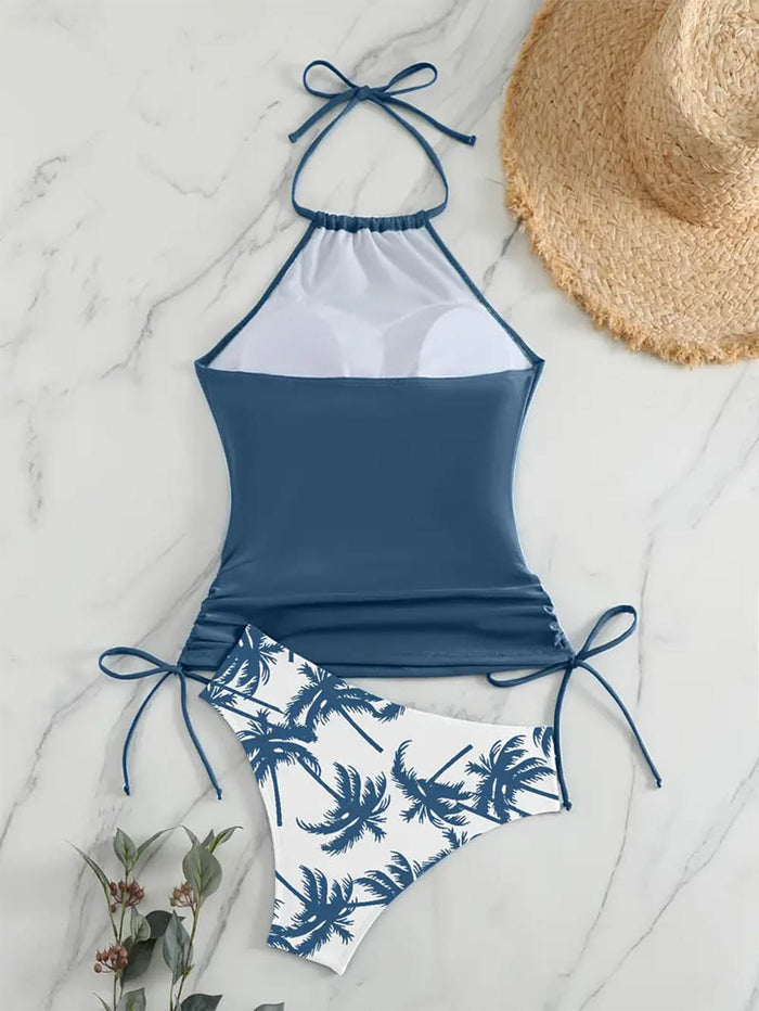 Coconut Tree Halter Tie Neck Backless Stretchy Swimsuit | ZAKAPOP