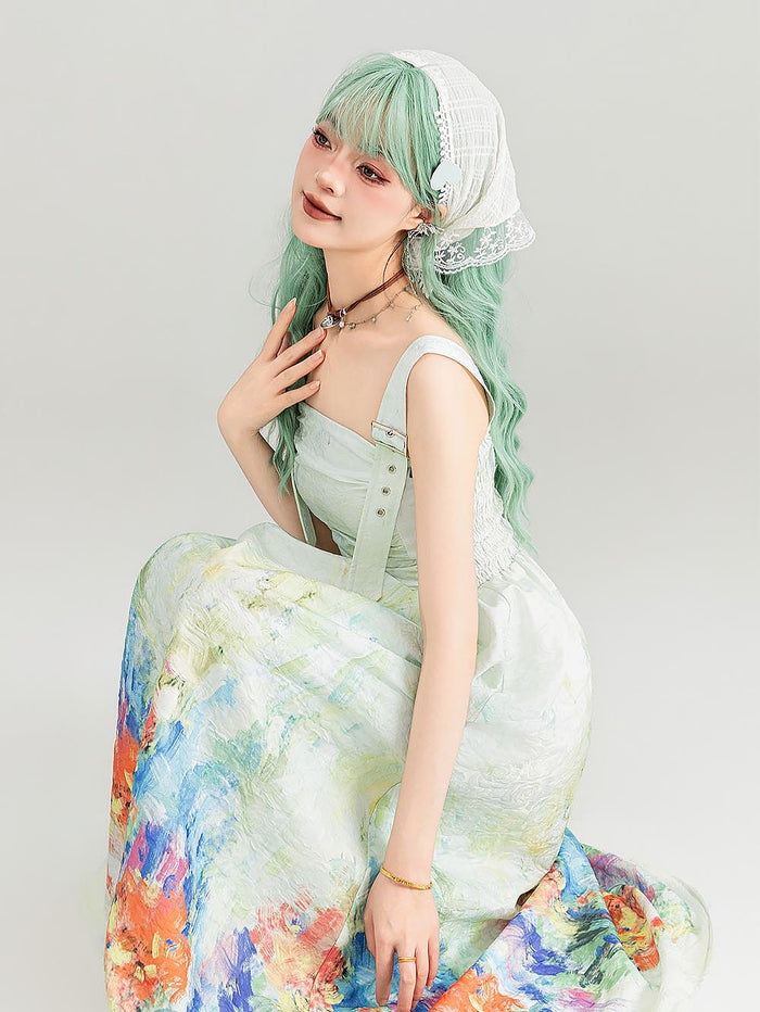 Colorful Art Jacquard Cinched-Waist Strap Dress | ZAKAPOP