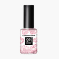 A bottle of LONDONTOWN Confetti Cake gel color nail polish with a black cap and pink floral design on a white background, featuring a sweet pastel pink shade that adds a touch of playful elegance to your manicure.