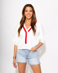 Contrast Trim Collared Knit Top in Off White