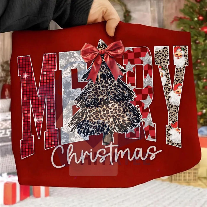 Coquette Merry Christmas Shirt: Checkered Star Leopard Letters