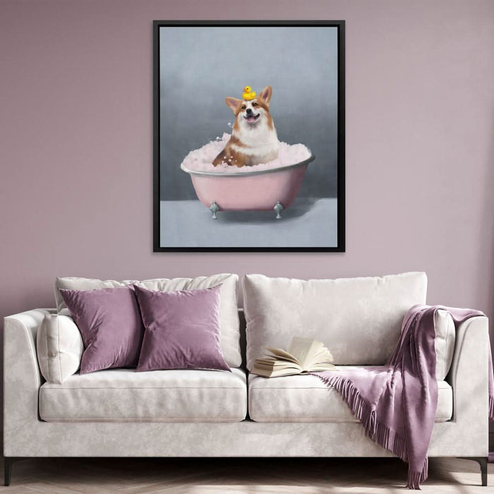 Corgi In The Bath - Modern Wall Art in Black Frame