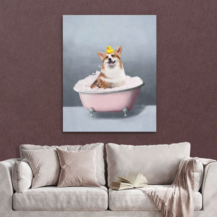 Corgi In The Bath - Pink Bath Canvas Print