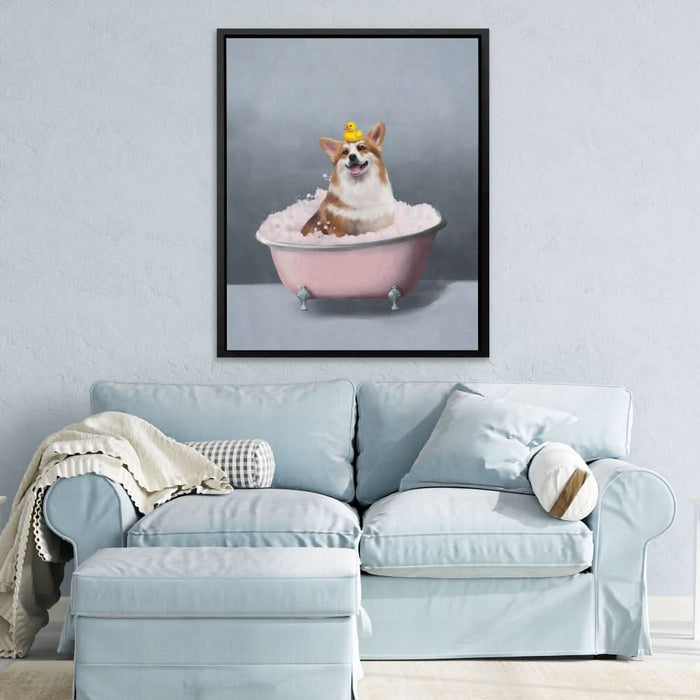 Corgi In The Bath - Bath Wall Art in Black Frame