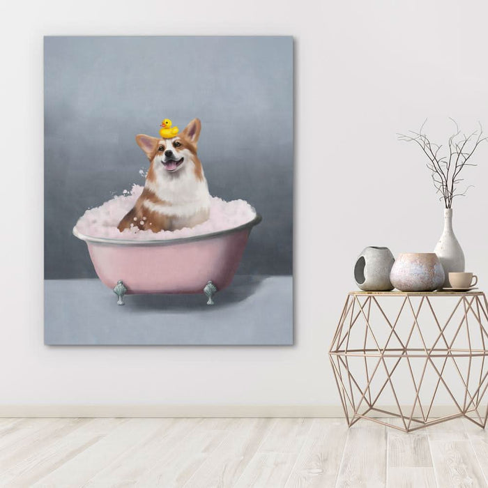 Corgi In The Bath - Large Modern Canvas Print