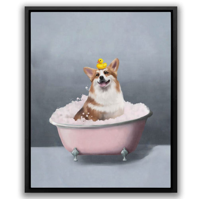Corgi In The Bath - Pink Wall Art for Living Room