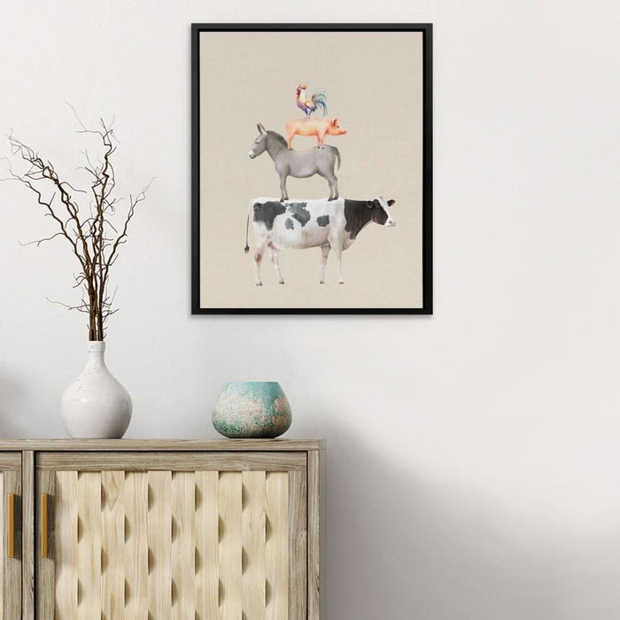 Cow Donkey Pig Chicken - Modern Wall Art in Black Frame