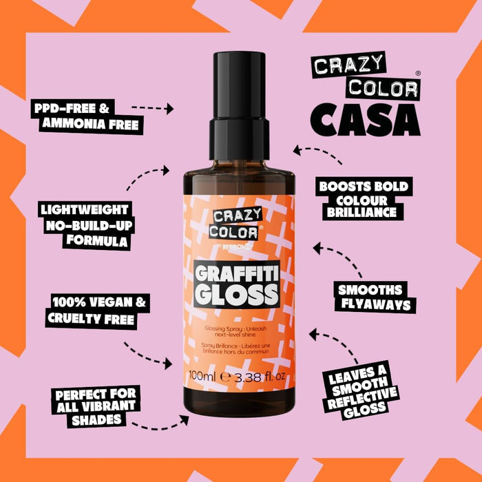 benefits of Crazy Color Graffiti Gloss Glossing Spray 100ml on a square pink box with arrows pointing towards the bottle and benefits listed on the left and right