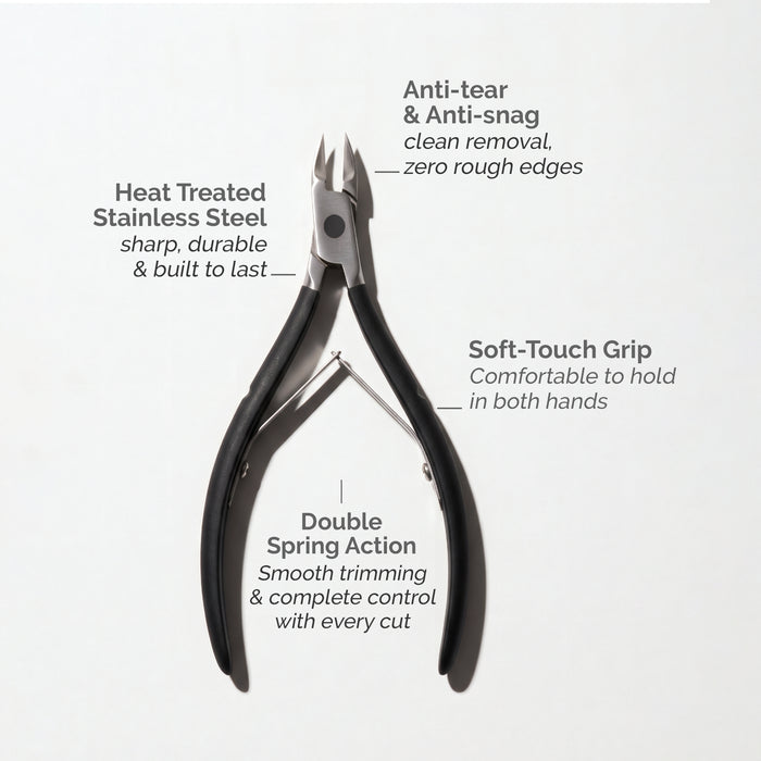 The LONDONTOWN Cuticle Nippers - Black are salon-grade cuticle removers crafted from heat-treated stainless steel and feature an anti-tear edge, soft-touch grip, and double spring action—making them the ideal hangnail trimmer for professional results.