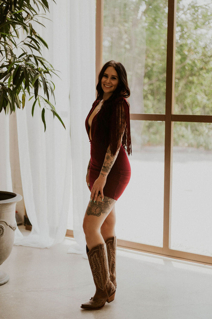 Dallas' Fringe Deep Neck Mini Dress
