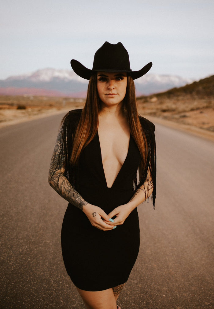 Dallas' Fringe Deep Neck Mini Dress