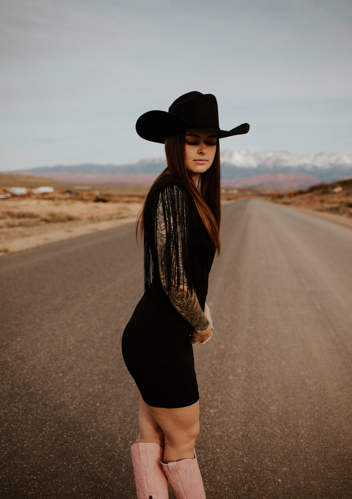 Dallas' Fringe Deep Neck Mini Dress