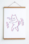 line drawing in pink and blue of dog on hind legs and smiley face with wiggle lines on both sides