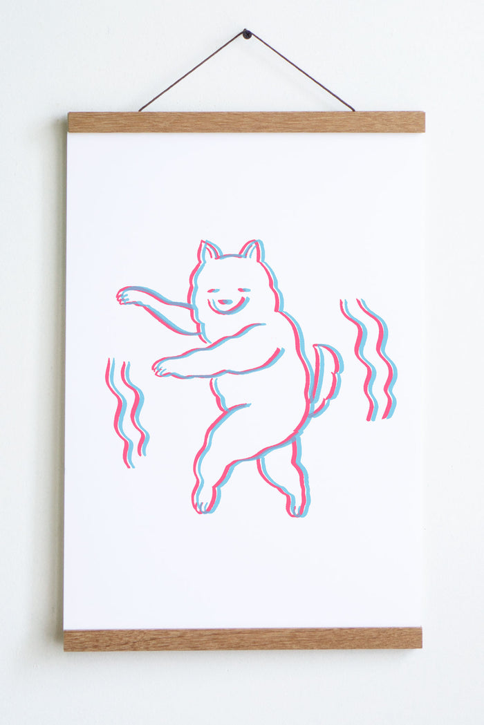 line drawing in pink and blue of dog on hind legs and smiley face with wiggle lines on both sides