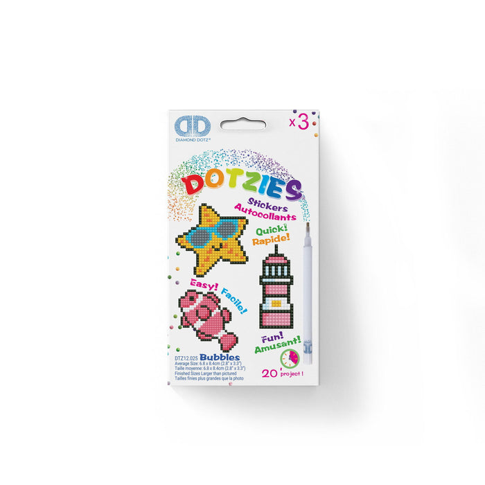 The Diamond Dotz Dotzies Stickers - Bubbles DIY kit lets you create pixel art stickers (star, heart, popsicle) with colorful gems and a stylus. The fun packaging highlights “Easy!”, “Fun!”, and “Quick!” creative crafting by Diamond Dotz.