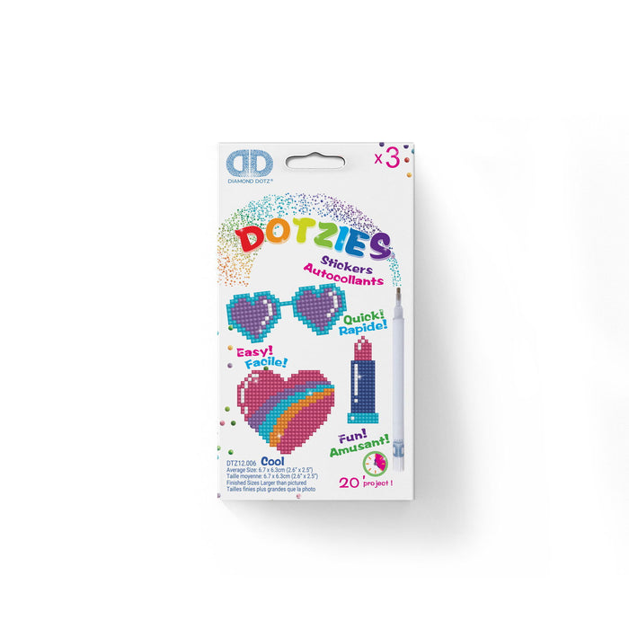 The Diamond Dotz Dotzies Stickers - Cool box shows pixel art heart sunglasses, a peace sign, and a rainbow heart. The Diamond Dotz packaging promotes easy, quick, fun DIY crafts with tool and colored dot samples included.