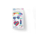 The Diamond Dotz Dotzies Stickers - Cool box shows pixel art heart sunglasses, a peace sign, and a rainbow heart. The Diamond Dotz packaging promotes easy, quick, fun DIY crafts with tool and colored dot samples included.