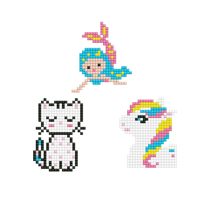 Diamond Dotz Dotzies Stickers - Sweet by Diamond Dotz features pixel art of a mermaid with a blue and pink tail, a white cat with black stripes, and a unicorn with a multicolored mane—ideal for DIY craft lovers.