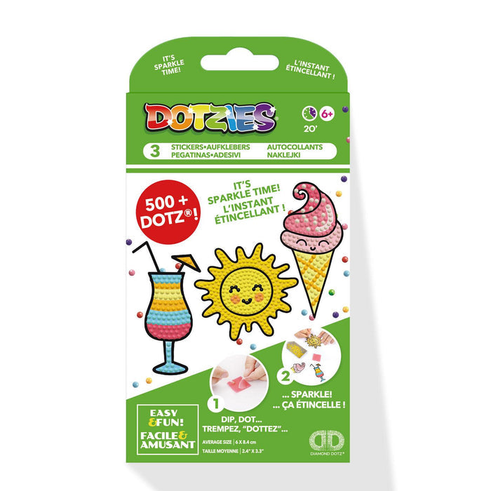 Diamond Dotz Sunshine by Diamond Dotz is a craft kit for kids ages 6+, featuring 3 designs: a tropical drink, smiling sun with Sunshine stickers, and ice cream cone. Includes 500+ colorful dots and “It’s sparkle time!” on the front.