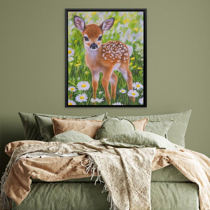 Doe in Daisies - Deer Wall Art in Black Frame