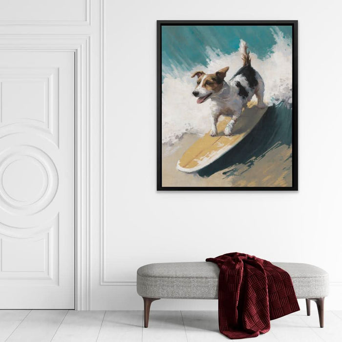 Dog On A Wave - Beach House Wall Art in Black Frame