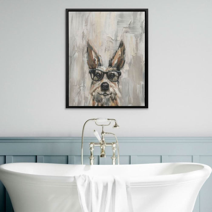 Dog With Glasses - Gray Wall Art in Black Frame