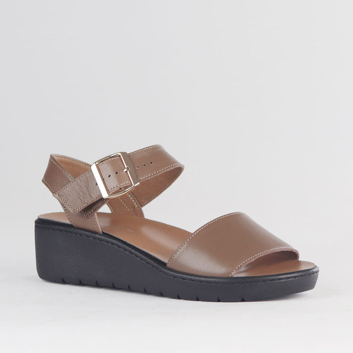 Froggie Women's Double Band slingback wedge Sandal-Removable Footbed- Stone Leather- 13071 - side angle.