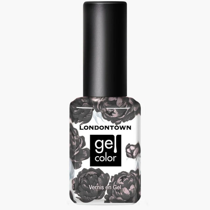 A bottle of LONDONTOWN Double Fudge gel color nail polish featuring a rich chocolate brown shade, black floral designs on a clear base, and a black cap.