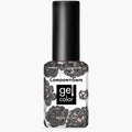 A bottle of LONDONTOWN Double Fudge gel color nail polish featuring a rich chocolate brown shade, black floral designs on a clear base, and a black cap.