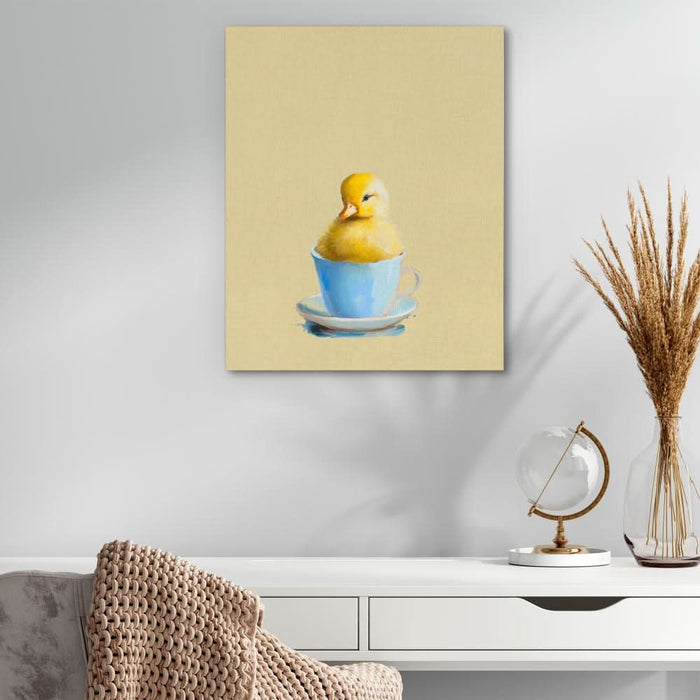 Duckling In Blue Cup - Modern Wall Art in Black Frame