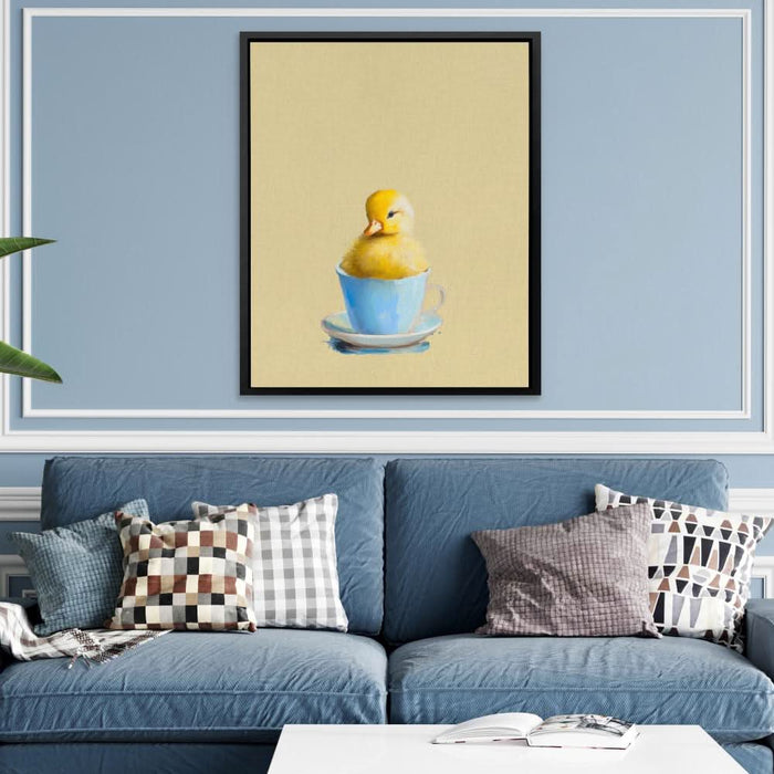 Duckling In Blue Cup - Modern Blue Canvas Wall Art