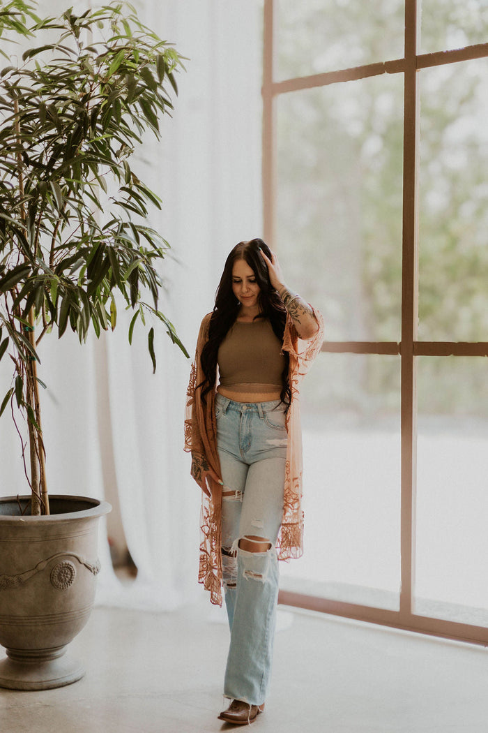 Embroidered Butterfly Lace Front-Tie Kimono
