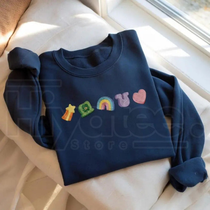Embroidered Lucky Charm St. Patrick’s Day Sweatshirt – Shamrock & Rainbow Irish Crewneck