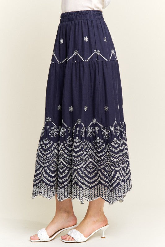 Embroidered Tiered Midi Skirt