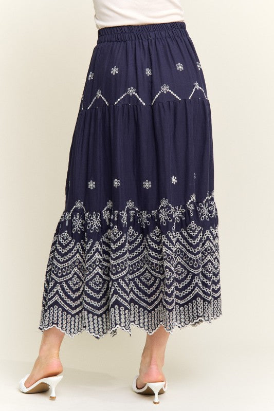 Embroidered Tiered Midi Skirt