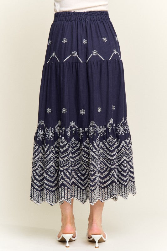 Embroidered Tiered Midi Skirt