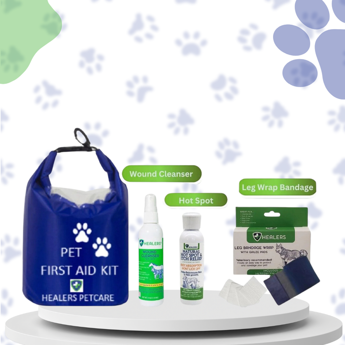 Pet first aid kit set on white platform with blue bag, wound cleanser spray, hot spot relief bottle, and leg wrap bandage box with gauze pads. Background has paw prints and abstract shapes. Each item labeled: Wound Cleanser, Hot Spot, Leg Wrap Bandage.