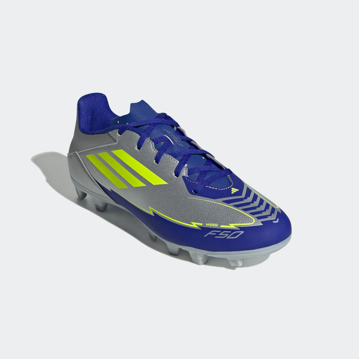 adidas F50 CLUB MESSI Firm/Multi-Ground Soccer Cleats | Silver Metallic-Solar Yellow-Lucid Blue | Men's