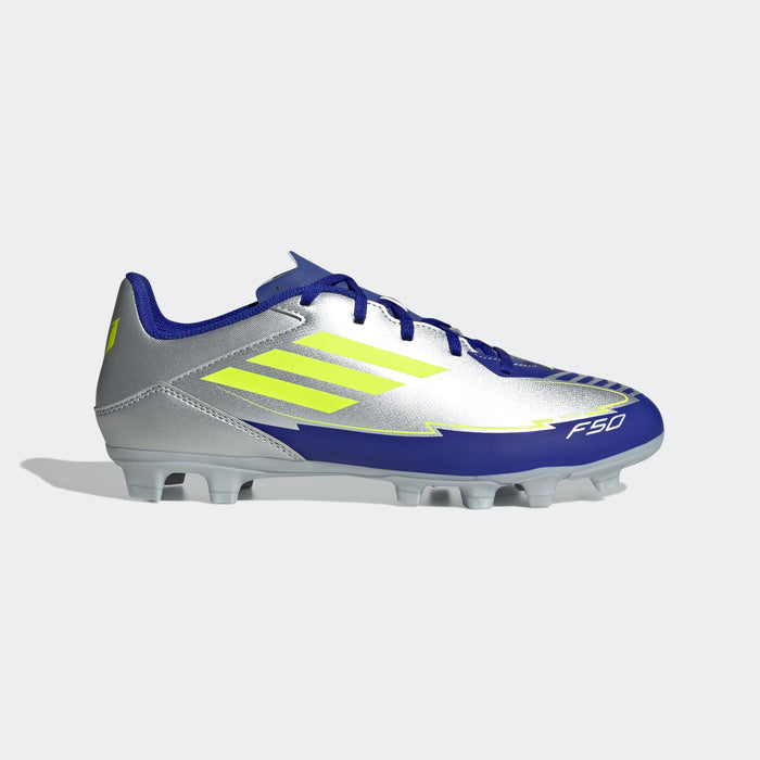 adidas F50 CLUB MESSI Firm/Multi-Ground Soccer Cleats | Silver Metallic-Solar Yellow-Lucid Blue | Men's