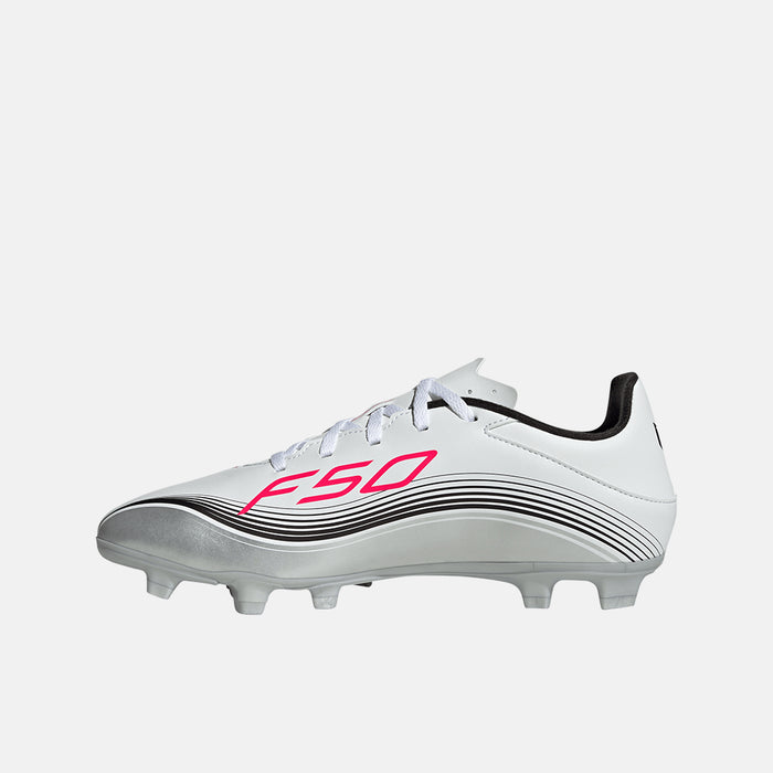 Side medial view of the Adidas F50 Messi Club FG/M Soccer Cleats.