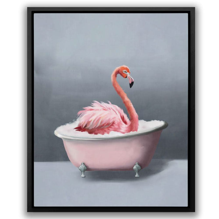 Flamingo In The Bath - Bathtub Wall Art in Black Frame