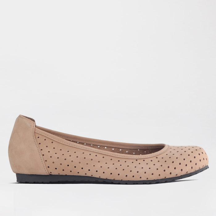 Froggie Women's Flat Punched Pump - Stone nubuck Leather - 13094 - side.