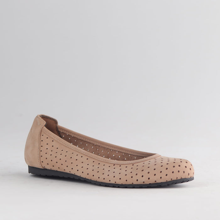 Froggie Women's Flat Punched Pump - Stone nubuck Leather - 13094 - side angle.