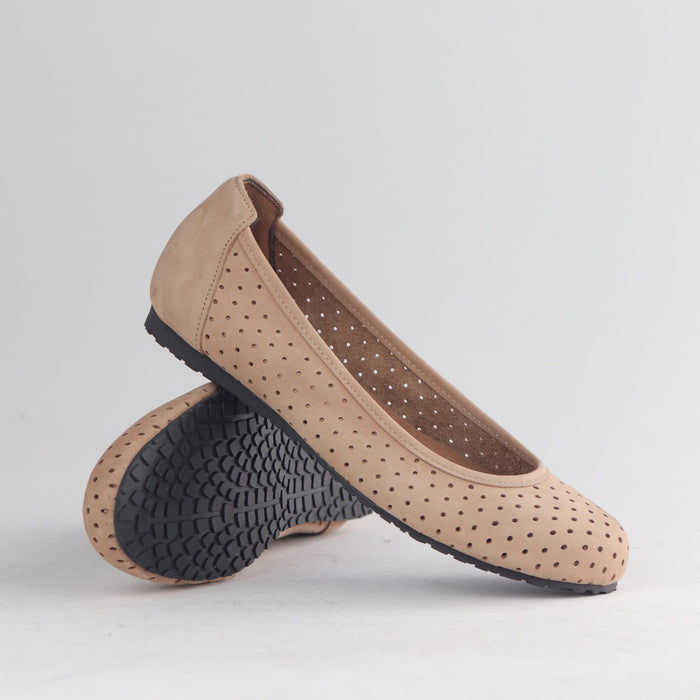 Froggie Women's Flat Punched Pump - Stone nubuck Leather - 13094 - pair.