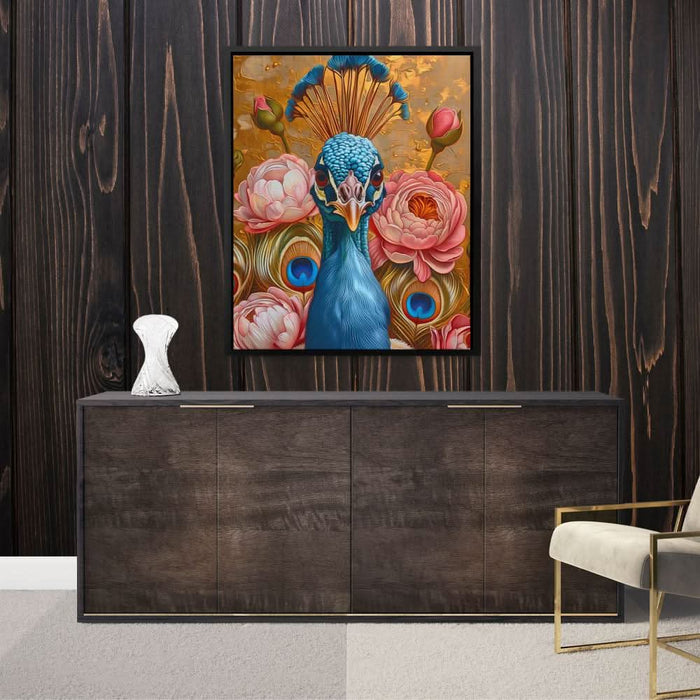 Floral Gold Peacock - Floral Wall Art in Black Frame
