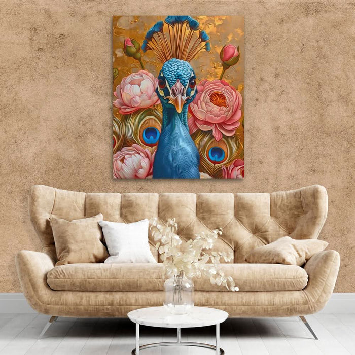 Floral Gold Peacock - Large Abstract Canvas Print