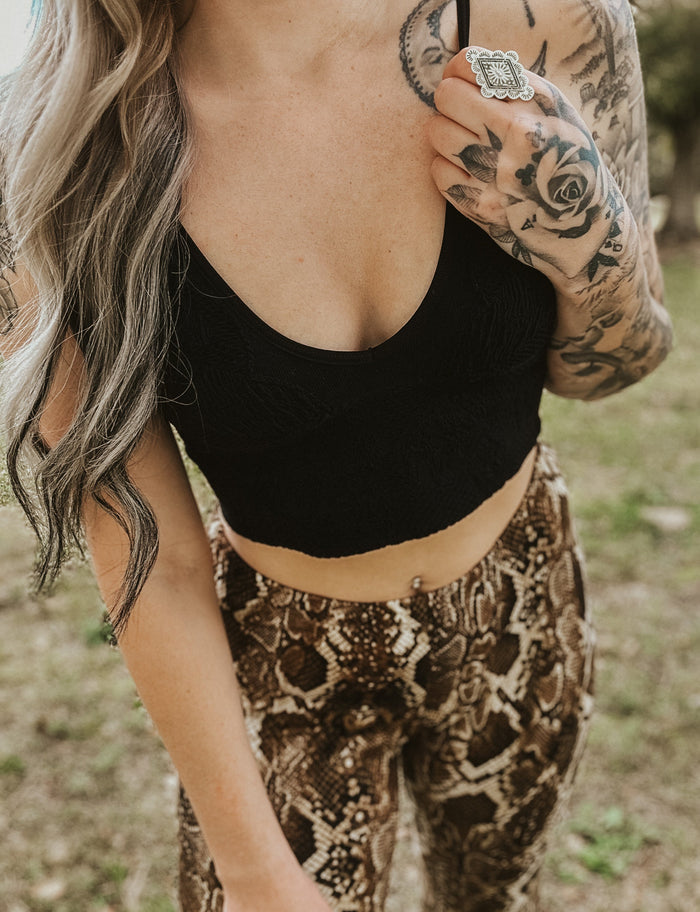Floral Textured Padded Bralette - Black