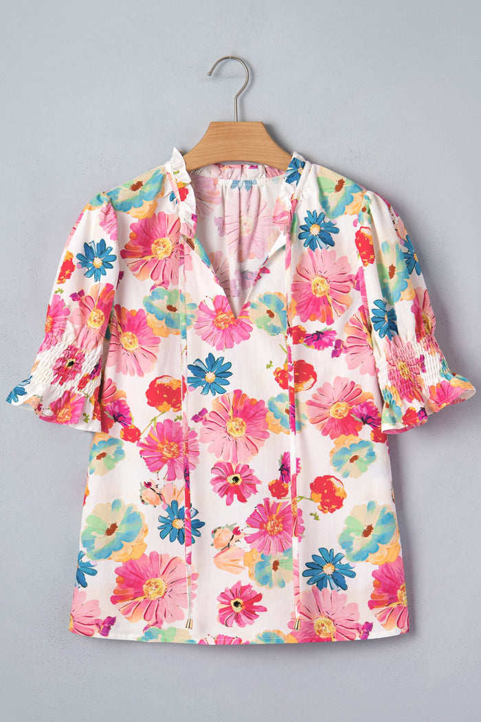 Floral Tie V-Neck Puff Sleeve Blouse