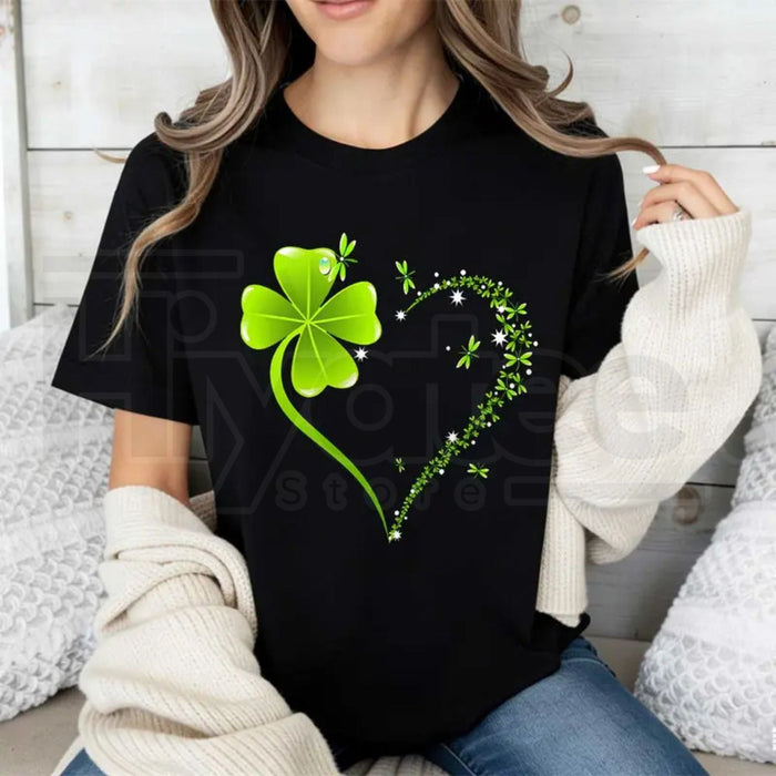 Four Leaf Clover Heart T-Shirt – St. Patrick's Day Celebration Crew Neck